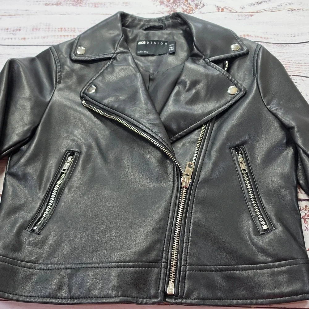 ASOS DESIGN Faux Leather Biker Jacket Womens 2 Petite Black Excellent Moto Zip